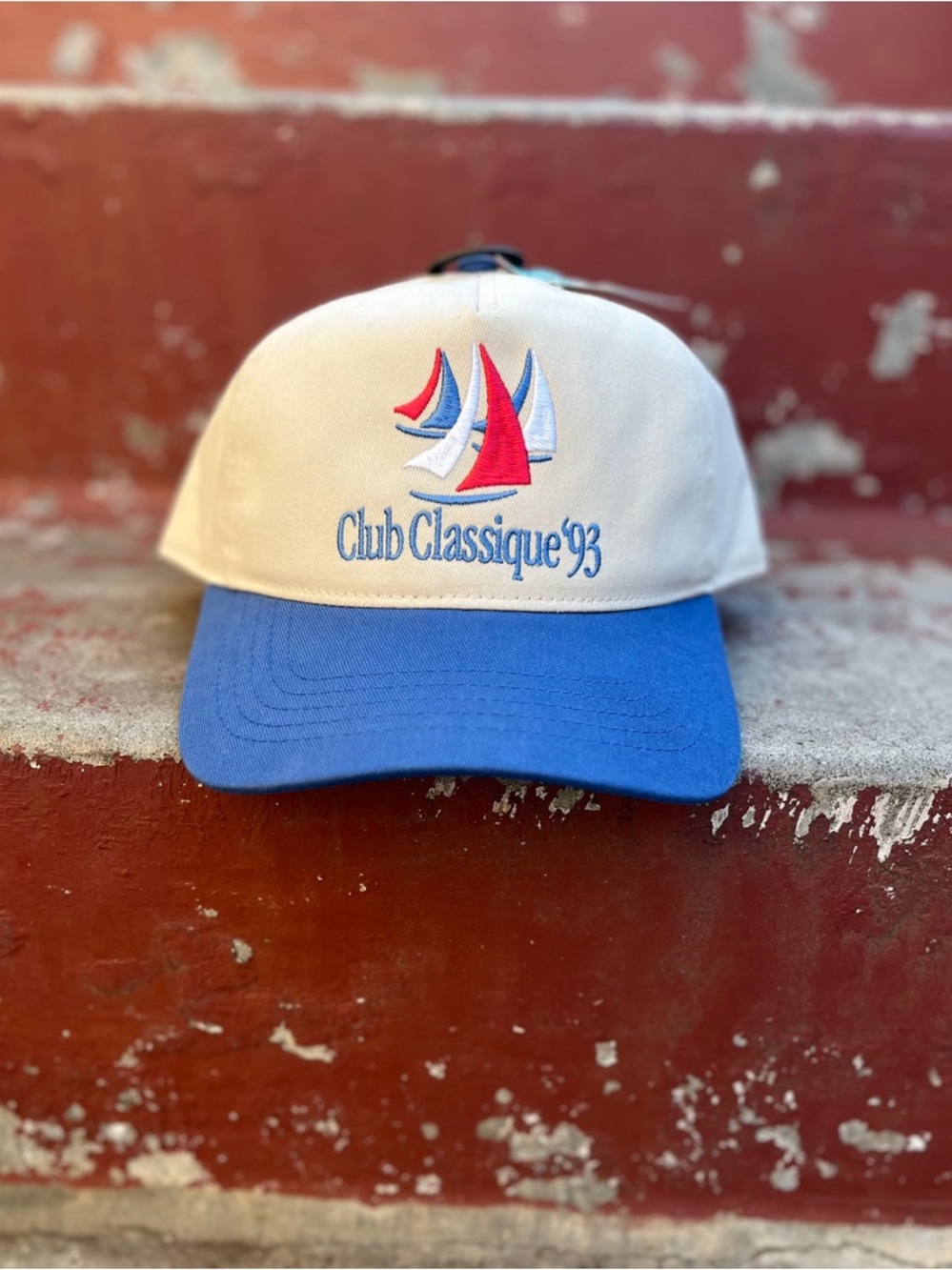 ⛵️BOAT⛵️ Club Classique 93 Sailing Sailboat Hat 5- Panel Beige & Blue NWT